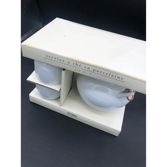 Pier One Imports White Porcelain Tea Pot Set with 4 Cups - Picture 2 of 9